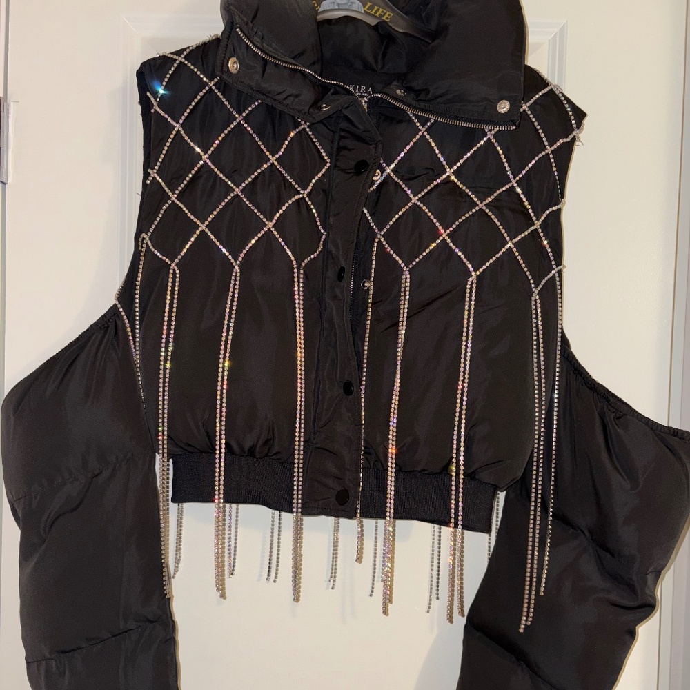 AKIRA Black Cold-Shoulder Puffer Coat With Iridescent Rhinestones Size M - Picture 11 of 16